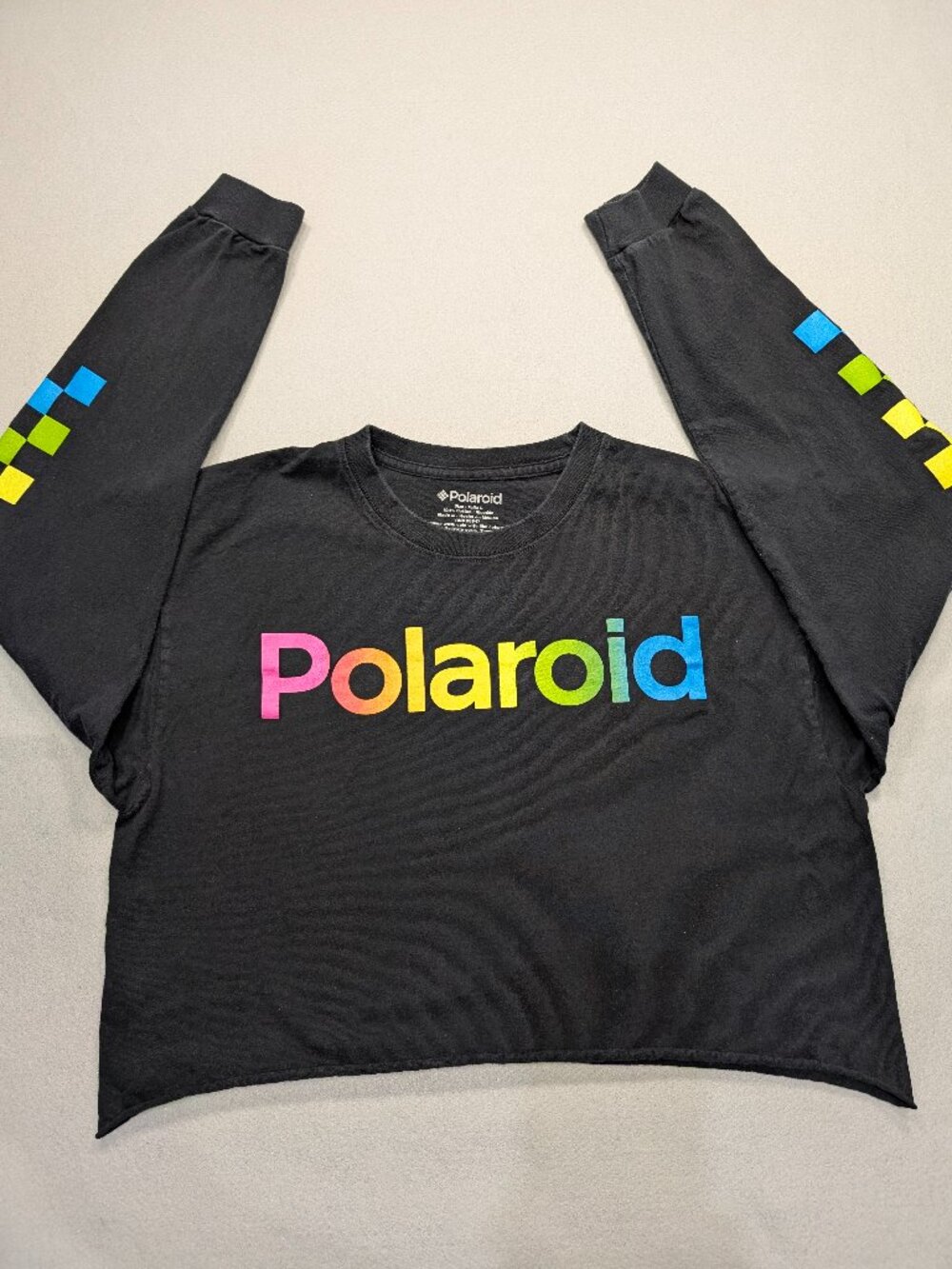 Polaroid Rainbow Logo Checkerboard Cropped Long Sleeve Tee L